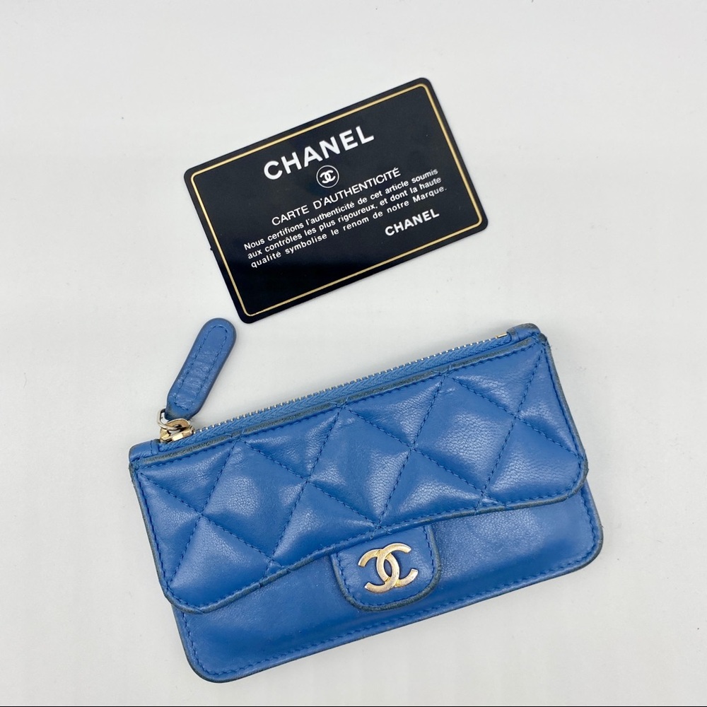 Chanel Blue Lambskin Flap Zip Card Coin Pouch